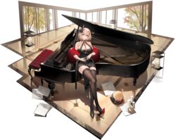  azur_lane black_footwear blonde_hair bracelet breasts brown_eyes cleavage cup dress drinking_glass feather_boa female grand_piano hair_between_eyes hair_ornament halter_dress halterneck high_heels highres holding holding_cup instrument jewelry large_breasts manjuu_(azur_lane) medium_hair multicolored_hair multiple_rings official_alternate_costume official_art parted_lips piano red_hair ring roon_(azur_lane) roon_(viridescent_lullaby)_(azur_lane) shoe_dangle short_dress sitting solo streaked_hair terras thighhighs tight_clothes tight_dress tile_floor tiles transparent_background two-tone_hair wine_glass 