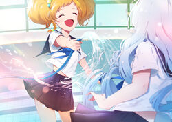  2girls :d ^_^ absurdres aikatsu!_(series) aikatsu_stars! blonde_hair blue_hair blue_serafuku braid closed_eyes commentary_request day drill_hair empty_pool fence from_behind gradient_hair grey_hair highres holding holding_hose hose light_blue_hair long_hair multicolored_hair multiple_girls neckerchief nikaido_yuzu open_mouth outdoors pool sailor_collar school_uniform serafuku shirogane_lily short_hair short_twintails side_braid smile splashing supersaiazin-kanako twintails very_long_hair water 