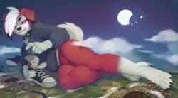  2020 anthro canid canine city clothing cloud collar destruction detailed_background female footwear generation_7_pokemon giga hi_res kenzie_(quakeroc) kerneldecoy landscape_dwarfing lycanroc macro mammal midnight_lycanroc moon night nintendo pokemon pokemon_(species) shoes solo 