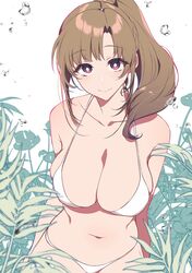  arms_behind_back bare_shoulders bikini blush braid breasts bright_pupils brown_hair cleavage closed_mouth collarbone commentary_request female fern halterneck high_ponytail highres large_breasts long_hair looking_at_viewer mature_female navel oosuki_mamako outdoors plant pochi_(pochi-goya) ponytail purple_eyes sidelocks smile solo stomach swimsuit thighs tsuujou_kougeki_ga_zentai_kougeki_de_ni-kai_kougeki_no_okaasan_wa_suki_desu_ka? upper_body white_bikini white_pupils 