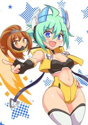  2girls ahoge azure_striker_gunvolt blue_eyes breasts cosplay cougar_(cougar1404) gloves green_hair groin gunvolt_chronicles_luminous_avenger_ix hand_on_own_hip kohaku_(luminous_avenger_ix) kohaku_(luminous_avenger_ix)_(cosplay) looking_at_viewer midriff multiple_girls open_mouth roro_(combat_pod)_(gunvolt) roro_(gunvolt) roro_(gunvolt)_(cosplay) short_hair smile thighhighs v 