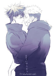  2boys blush commentary_request eye_contact facial_mark fushiguro_megumi hands_on_another&#039;s_face high_collar highres hood hood_down hoodie hug imminent_kiss itadori_yuuji jujutsu_kaisen long_sleeves looking_at_another male_focus multiple_boys school_uniform short_hair spiked_hair twitter_username undercut yaoi youjo_(kurukuru9696) 