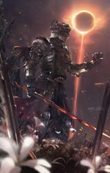  1other ambiguous_gender armor bad_id bad_twitter_id belt black_pants blurry blurry_foreground clenched_hand commentary copyright_name dagger dark dark_souls_(series) dark_souls_iii eclipse embers english_commentary field flaming_sword flaming_weapon flower flower_field full_armor full_body gauntlets greaves helmet highres holding holding_sword holding_weapon holstered knife leg_armor looking_away mono_(jdaj) moon outstretched_arm pants pauldrons planted planted_sword shoulder_armor solo soul_of_cinder sun surcoat sword vambraces weapon 