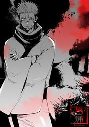  1boy blood closed_mouth commentary_request crossed_arms extra_eyes fingernails highres japanese_clothes jujutsu_kaisen kimono long_sleeves male_focus nail_polish red_eyes ryoumen_sukuna_(jujutsu_kaisen) scarf sharp_fingernails short_hair smirk solo standing undercut wide_sleeves youjo_(kurukuru9696) 