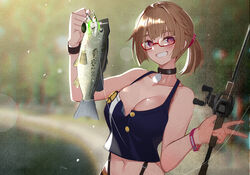  animal bass_(fish) blush breasts brown_hair cleavage commission female fish fishing_rod girls&#039;_frontline glasses grizzly_mkv_(girls&#039;_frontline) grizzly_mkv_(weekend_cop)_(girls&#039;_frontline) holding holding_animal holding_fish holding_fishing_rod large_breasts largemouth_bass looking_at_viewer nature navel official_alternate_costume purple_eyes shirt short_hair shorts skeb_commission smile solo warashi 