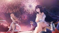  3girls antlers artist_name azur_lane beach bikini breasts cleavage fireworks horns indomitable_(azur_lane) loading_screen multiple_girls official_alternate_costume official_art revenge_(azur_lane) sarong see-through see-through_sarong shipwreck swimsuit third-party_source twilight uthy vanguard_(azur_lane) water 