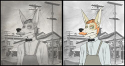  1900s anthro apron biped blonde_hair bow_tie canid canine canis clothed clothing dardanus_(foxmusk) facial_hair facial_markings fox foxmusk fur hair head_markings historical long_ears looking_at_viewer male mammal markings mature_male moustache photo_background photography_(artwork) solo 