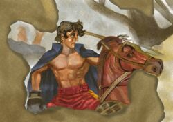  1boy abs alexander_the_great aquiline_nose ashita_no_joe blue_cape boxing_gloves brown_hair cape fine_art_parody horseback_riding male_focus nukazuke parody polearm red_shorts riding rikiishi_tooru shorts solo spear toned weapon 