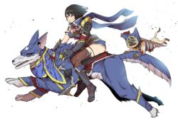  absurdres animal armor black_hair blue_eyes blush breasts canyne felyne female gloves hair_ornament hair_ribbon headband highres japanese_clothes kamura_(armor) mipoog monster_hunter_(character) monster_hunter_(series) monster_hunter_rise open_mouth ribbon short_hair simple_background smile tabi thighhighs 