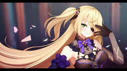  armpits bare_shoulders black_gloves blonde_hair bow bowtie breasts brooch eyepatch female fischl_(genshin_impact) genshin_impact gloves green_eyes hand_up highres jewelry kaleid letterboxed long_hair looking_at_viewer medium_breasts one_side_up purple_bow purple_bowtie smile solo two_side_up upper_body very_long_hair 