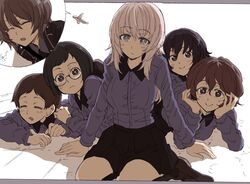  6+girls aircraft airplane akaboshi_koume black_eyes black_footwear black_hair black_jacket black_skirt black_socks blue_eyes bonkara_(sokuseki_maou) brown_eyes brown_hair closed_eyes closed_mouth dress_shirt frown girls_und_panzer glasses grey_shirt head_rest hida_ema highres itsumi_erika jacket katsuya_megu kojima_emi kuromorimine_school_uniform loafers long_sleeves looking_at_viewer lying medium_hair military military_uniform miniskirt multiple_girls niedersachsen_military_uniform nishizumi_maho on_stomach pleated_skirt round_eyewear saliva school_uniform shirt shoes short_hair sitting skirt sleeping sleepy smile socks sweatdrop swept_bangs uniform very_short_hair wavy_hair white_hair wing_collar yokozuwari 