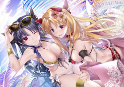  2girls 3; akatsuki_hijiri bikini black_hair blonde_hair blush breasts butt_crack commentary_request earrings ereshkigal_(fate) eyewear_on_head fate/grand_order fate_(series) flower gerbera hair_flower hair_ornament hoop_earrings ishtar_(fate) jewelry large_breasts long_hair looking_at_viewer multiple_girls one_eye_closed open_mouth pink_flower red_bikini red_eyes siblings sisters smile sunglasses swimsuit thighs two_side_up white_bikini 