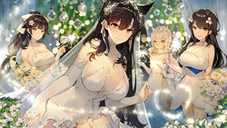  4girls alternate_costume animal_ears atago_(azur_lane) atago_(lily-white_vow)_(azur_lane) azur_lane breasts bridal_gauntlets bridal_veil choukai_(azur_lane) cleavage dog_ears dog_girl dress elbow_gloves fireworks flower gloves hatoyama_itsuru light_bulb light_particles maya_(azur_lane) multiple_girls official_alternate_costume sparkler takao_(azur_lane) veil wedding_dress white_dress 