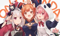  3girls ahoge animal_ears animal_hood arms_up bad_id bad_pixiv_id blush breasts commentary english_commentary highres hood horns looking_at_viewer multiple_girls naraka_(1st_costume)_(nijisanji) naraka_(nijisanji) nijisanji oni_horns open_mouth orange_eyes orange_hair pink_eyes pink_hair ratna_petit ratna_petit_(2nd_costume) red_eyes salute sasaki_saku sasaki_saku_(1st_costume) smile ukishizumi v virtual_youtuber white_background 