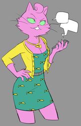  2021 anthro bojack_horseman breasts cardigan cleavage clothed clothing domestic_cat dress electronics felid feline felis female flowerpigeon73 green_sclera grey_background hair hi_res jacket jewelry mammal necklace netflix phone pink_hair princess_carolyn simple_background solo topwear 