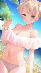  absurdres ass_visible_through_thighs beach bikini blonde_hair breasts cleavage collarbone commentary cowboy_shot double_bun eyes_visible_through_hair female fingernails green_eyes hair_bun hand_up highres indie_virtual_youtuber kurogane_tekki large_breasts looking_at_viewer navel ocean off-shoulder_bikini off_shoulder outdoors parted_lips scrunchie shigure_ui_(vtuber) short_hair solo stomach swept_bangs swimsuit virtual_youtuber water white_bikini wrist_scrunchie 