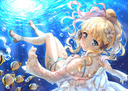  air_bubble alternate_costume aqua_bikini bikini black_bow blonde_hair blue_eyes blush bow breasts brown_footwear bubble closed_mouth commentary elf female fish flower freediving from_behind hair_flower hair_ornament hair_up hairbow high_heels highres large_breasts long_hair looking_at_viewer looking_back ocean outdoors pointy_ears ponytail princess_connect! sandals saren_(princess_connect!) saren_(summer)_(princess_connect!) sidelocks smile solo split_mouth swimming swimsuit thighs underwater water xin_(zinc) 