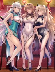  3girls ahoge alternate_costume anchorage_(azur_lane) arm_hug armpit_crease asymmetrical_horns azur_lane bare_legs black_dress black_footwear blush braid breasts chair china_dress chinese_clothes cleavage cleavage_cutout clothing_cutout collarbone commentary_request covered_navel dress floral_print full_body green_dress hakuryuu_(azur_lane) high_heels highres horns impossible_clothes impossible_dress indoors katana lantern legs linea_alba long_hair looking_at_viewer mismatched_horns mole mole_under_mouth multiple_girls official_alternate_costume one_eye_closed paper_lantern pelvic_curtain sideboob sidelocks sleeveless sleeveless_dress smile standing strappy_heels suzumia_(daydream) swiftsure_(azur_lane) swiftsure_(beauty_of_white_jade)_(azur_lane) sword tight_clothes underboob underboob_cutout very_long_hair weapon weapon_on_back white_dress wooden_chair 