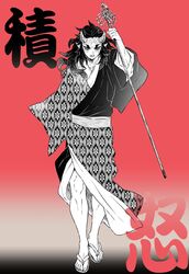  1boy arm_up black_sclera character_name colored_sclera cracked_skin fangs fingernails flip-flops full_body gradient_background greyscale_with_colored_background highres holding holding_staff horns japanese_clothes kimetsu_no_yaiba kimono long_hair looking_at_viewer male_focus mintiaorion monochrome obi oni oni_horns pointy_ears red_background sandals sash sekido_(kimetsu_no_yaiba) shakujou sharp_fingernails sharp_toenails sleeves_past_fingers sleeves_past_wrists solo staff text_in_eyes toenails veins walking zouri 