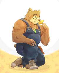  2021 anthro baku_hosamo bear belly brown_body brown_fur clothing eyewear flower fur glasses hi_res humanoid_hands kemono lifewonders male mammal overalls overweight overweight_male plant solo tokyo_afterschool_summoners volos_(tas) 