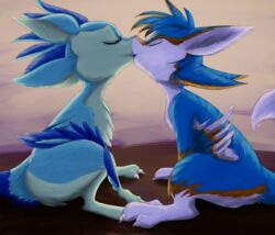  4_ears absurd_res anthro avali avian blue_body blue_feathers closed_eyes countershading digitigrade duo eyeofcalamity feathered_wings feathers female green_body gyrotech hi_res kissing luvashi male multi_ear nonine winged_arms wings 