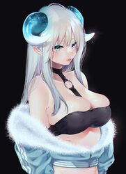  aqua_eyes bandeau bare_shoulders black_background black_choker blunt_bangs breasts choker cleavage closed_mouth collarbone demon_girl demon_horns eyelashes female fur-trimmed_jacket fur_trim gradient_hair highres horns jacket karasuma_yayoi large_breasts long_hair looking_at_viewer makeup mascara multicolored_hair original pointy_ears sidelocks silver_hair simple_background skindentation solo standing strapless zipper zipper_pull_tab 