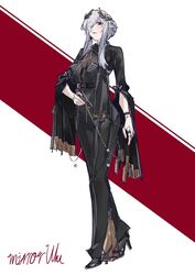  alternate_costume alternate_hairstyle arknights belt black_dress black_footwear bracelet breasts dress female full_body gladiia_(arknights) grey_hair hair_bun hair_over_one_eye hand_on_own_hip high_heels jewelry laurel_crown long_hair long_sleeves looking_at_viewer medium_breasts mirrorwu nail_polish parted_lips red_background red_eyes red_nails signature single_hair_bun smile solo two-tone_background white_background wide_sleeves 