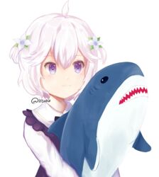  :3 absurdres azur_lane female flower grey_background hair_flower hair_ornament highres holding holding_toy ikea_shark ireisu_(artist) official_alternate_costume purple_eyes shark solo stuffed_animal stuffed_shark stuffed_toy toy transparent_background u-110_(a_cute_sharky_reverie)_(azur_lane) u-110_(azur_lane) upper_body white_flower white_hair 