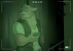  2021 5_fingers anthro battery_life bronx_(bronx23) camera_view canid canine canis clothing duo fingers fur holding_object humanoid_hands imminent_danger inside looking_at_viewer male mammal monster mrlfrk night night_vision paranormal_investigator recording shirt solo_focus story story_in_description teeth topwear vest wolf 