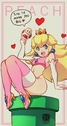  bare_shoulders blonde_hair blue_eyes blush breasts character_name crown double_entendre earrings el_quijote elbow_gloves english_text female gloves heart high_heels highres jewelry long_hair mario_(series) open_mouth princess_peach signature smile solo sphere_earrings super_mushroom thighhighs thong warp_pipe white_gloves 