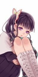  black_hair boots butterfly_hair_ornament checkered commentary_request cross-laced_footwear demon_slayer_uniform expressionless female hair_ornament highres hugging_own_legs kimetsu_no_yaiba knee_boots knees_up lace-up_boots lips long_hair looking_at_viewer purple_eyes side_ponytail solo tsuto tsuyuri_kanao uniform white_background white_footwear 