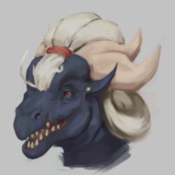  1:1 anthro blue_body blue_ears female glistening glistening_eyes grey_background hair headshot_portrait horn low_res open_mouth portrait red_eyes red_tongue sharp_teeth simple_background solo tan_horn teeth tongue unknown_species upai white_hair 