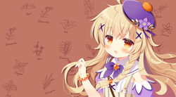  :d ahoge bead_bracelet beads beret blonde_hair bracelet braid brown_background commentary_request detached_sleeves female flower flower_knight_girl hair_between_eyes hair_ornament hand_up hat hat_flower jewelry kuko_(flower_knight_girl) long_hair looking_at_viewer open_mouth puffy_short_sleeves puffy_sleeves purple_flower purple_hat purple_sleeves red_eyes santa_matsuri shirt short_sleeves smile solo striped tilted_headwear upper_body vertical_stripes white_shirt x_hair_ornament 