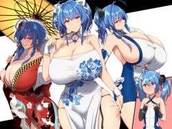  2girls aged_down ahoge alternate_breast_size aunt_and_niece azur_lane blue_hair blush breast_envy breasts china_dress chinese_clothes cleavage closed_mouth commentary_request curvy dress dual_persona flat_chest gigantic_breasts gloves hands_on_own_chest helena_(azur_lane) japanese_clothes kimono kloah lena_(azur_lane) long_hair looking_at_viewer multiple_girls official_alternate_costume open_mouth ponytail purple_eyes ribbon shiny_skin side_ponytail smile st._louis_(azur_lane) st._louis_(blue_and_white_pottery)_(azur_lane) st._louis_(spirits_in_the_snow)_(azur_lane) thick_thighs thighs tied_hair tight_clothes twintails umbrella white_gloves white_ribbon wide_hips 