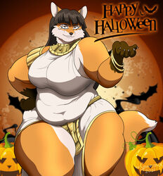  2021 5_fingers anthro black_hair black_nose bracelet breasts canid canine claws clothed clothing costume digital_media_(artwork) egyptian english_text eye_markings female finger_claws fingers fox fur gloves_(marking) hair halloween halloween_costume hi_res holidays humanoid_hands jack-o&#039;-lantern jewelry long_hair looking_at_viewer mammal markings michelle_(xxsparcoxx) multicolored_body multicolored_fur orange_body orange_fur overweight slightly_chubby slightly_chubby_female smile solo text two_tone_body two_tone_fur white_body white_fur xxsparcoxx 