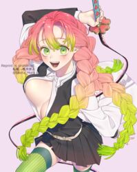  artist_name braid breasts commentary_request demon_slayer_uniform english_text female gradient_hair green_eyes green_thighhighs grey_background holding holding_sword holding_weapon kanroji_mitsuri kimetsu_no_yaiba large_breasts long_hair looking_at_viewer mizuki_mau mole mole_under_eye multicolored_hair multiple_braids open_clothes open_mouth pink_hair pleated_skirt ribbed_legwear skirt solo sword sword_writing teeth thighhighs twitter_username unaligned_breasts uniform very_long_hair weapon whip_sword 