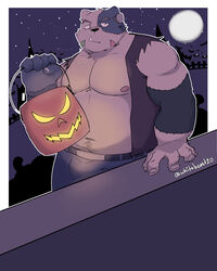  2021 4:5 absurd_res anthro bear belly bottomwear clothing costume cute_fangs detailed_background halloween halloween_costume hi_res holidays humanoid_hands kemono male mammal moobs moon navel night nipples outside overweight overweight_male pants solo whitebeast20 