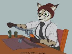  2021 anthro bridgette_o&#039;shane canid canine canis cleaning_gun clothing domestic_dog eyewear felid feline female glasses gun hi_res hunting_dog lynx lynxuki mammal necktie panzerschreckleopard ranged_weapon rolled_up_sleeves ruger_(brand) ruger_blackhawk saluki sighthound solo suit suspenders weapon 