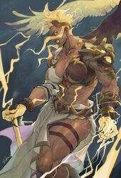  abs belt blonde_hair breasts cleavage dark_skin female glowing glowing_eyes glowing_hand highres jewelry junker_queen_(overwatch) lightning muscular muscular_female open_mouth overwatch overwatch_2 shadowyahaha short_hair skirt solo thick_thighs thighs wings 