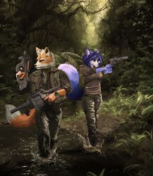  anthro canid canine clothed clothing crossover duo female forest fox fox_mccloud goldeneye grenade_launcher gun handgun hi_res jungle krystal_(star_fox) male male/female mammal military_clothing nintendo p90 plant ranged_weapon revolver star_fox submachine_gun tree video_game_reference weapon xussurix 