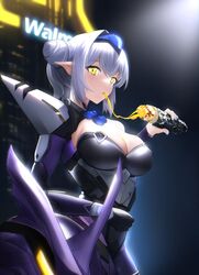  blue_nails breasts britomart_(fate) burrito eating elf fate/grand_order fate_(series) female highres large_breasts looking_at_viewer mecha mechanical_parts non-web_source phaethonvt pointy_ears robot short_hair walmart white_hair yellow_eyes 