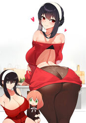  2girls :o ^_^ anya_(spy_x_family) ass back back_cutout backboob bad_anatomy bad_id bad_pixiv_id bag bare_shoulders bent_over black_dress black_hair black_pantyhose blush breast_awe breasts cleavage closed_eyes clothing_cutout curvy cutting_board double_bun dress earrings from_behind furrowed_brow green_eyes hair_bun hairband heart highres huge_breasts jewelry kitchen long_sleeves looking_at_viewer median_furrow multiple_girls off-shoulder_dress off-shoulder_sweater off_shoulder open_mouth pantyhose pink_hair powzin76 raised_eyebrows red_dress red_sweater revealing_clothes shopping_bag sidelocks spy_x_family sweater thick_thighs thighs white_hairband yor_briar 