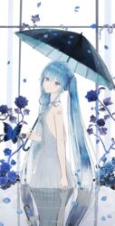  absurdres ah_(pixiv62888100) aqua_eyes aqua_hair blue_butterfly blue_flower blue_rose bug butterfly commentary dress female flower hatsune_miku highres holding holding_umbrella ivy long_hair looking_at_viewer partially_submerged petals reflection rose sleeveless sleeveless_dress solo twintails umbrella very_long_hair vocaloid white_dress window 