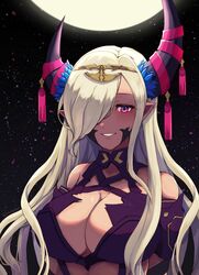  asymmetrical_hair bare_shoulders blush breasts cleavage dragon_girl dragon_horns female fire_emblem fire_emblem_engage full_moon hair_ornament hair_over_one_eye highres horns large_breasts long_hair mature_female moon night night_sky pochaimo pointy_ears purple_eyes purple_ribbon revealing_clothes ribbon sky smile solo star_(sky) starry_sky tan tassel tassel_hair_ornament upper_body white_hair zephia_(fire_emblem) 