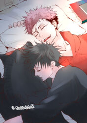  2boys bed black_hair black_shirt blush book canine closed_eyes commentary_request facial_mark fushiguro_megumi highres hood hoodie hug itadori_yuuji jujutsu_kaisen long_sleeves lying male_focus multiple_boys open_mouth pillow pink_hair red_hoodie shirt short_hair sleeping spiked_hair twitter_username undercut yaoi youjo_(kurukuru9696) 