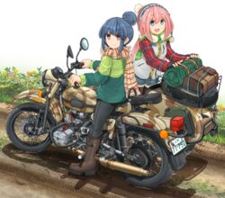  2girls aqua_eyes black_pants black_pantyhose bobblehat boots commentary_request denim denim_shorts dirt_road emblem fingerless_gloves flower fur-trimmed_jacket fur_trim gloves green_jacket hair_bun highres imz-ural jacket kagamihara_nadeshiko knee_boots looking_at_viewer m_72_(motorcycle) mikeran_(mikelan) motor_vehicle motorcycle multiple_girls outdoors pants pantyhose pantyhose_under_shorts pink_hair pom_pom_(clothes) purple_eyes road russia scarf shima_rin shorts sidecar single_hair_bun smile striped_clothes striped_scarf ural_(motorcycle) vehicle_focus vest white_background white_vest winter_clothes yurucamp 