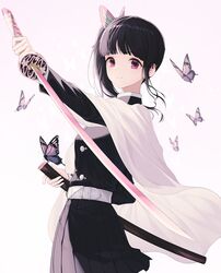  bad_id bad_pixiv_id black_hair bug butterfly butterfly_hair_ornament buttons commentary cowboy_shot demon_slayer_uniform expressionless female hair_ornament highres kimetsu_no_yaiba long_hair looking_at_viewer pink_eyes planted pleated_skirt purple_butterfly sheath side_ponytail sidelocks skirt solo sword symbol-only_commentary tsuyuri_kanao uniform unsheathed weapon white_background yuyo_(i_iuyo) 