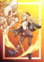  absurdres arm_up black_sclera blonde_hair boots braid brown_gloves colored_sclera duel_monster ecclesia_(yu-gi-oh!) facial_mark fake_horns female floating_hair forehead_mark full_body gloves grey_eyes hammer highres holding holding_hammer horns incredible_ecclesia_the_virtuous jacket jacket_on_shoulders long_hair maple_(maple_alt) pantyhose red_eyes shirt shorts skull sleeveless sleeveless_shirt solo suspender_shorts suspenders yu-gi-oh! 