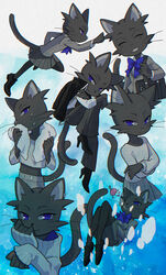  anthro black_body black_fur blue_background blue_eyes bottomwear clothing coffinsmokes domestic_cat felid feline felis female fur furgonomics hi_res jacket looking_at_viewer mammal midriff odd_taxi simple_background skirt smile solo tail tail_through_skirt topwear towel underwater water whiskers yuki_mitsuya_(odd_taxi) 