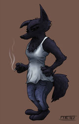  anthro barefoot betty_(weaver) biped black_body black_fur bottomwear canid canine canis cigarette clothed clothing disney famished_(artist) feet female fur hi_res mammal one_ear_up pack_street pants simple_background solo standing wolf zootopia 